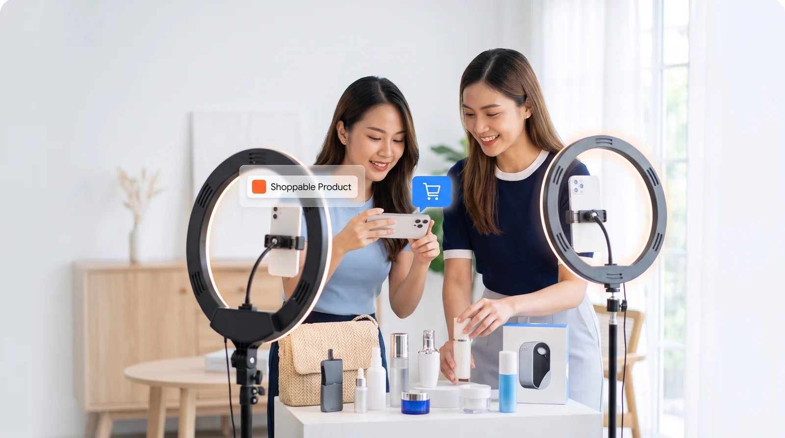 Drealm's owned creator network filming shoppable TikTok product content with ring lights and phones on a soft light studio background