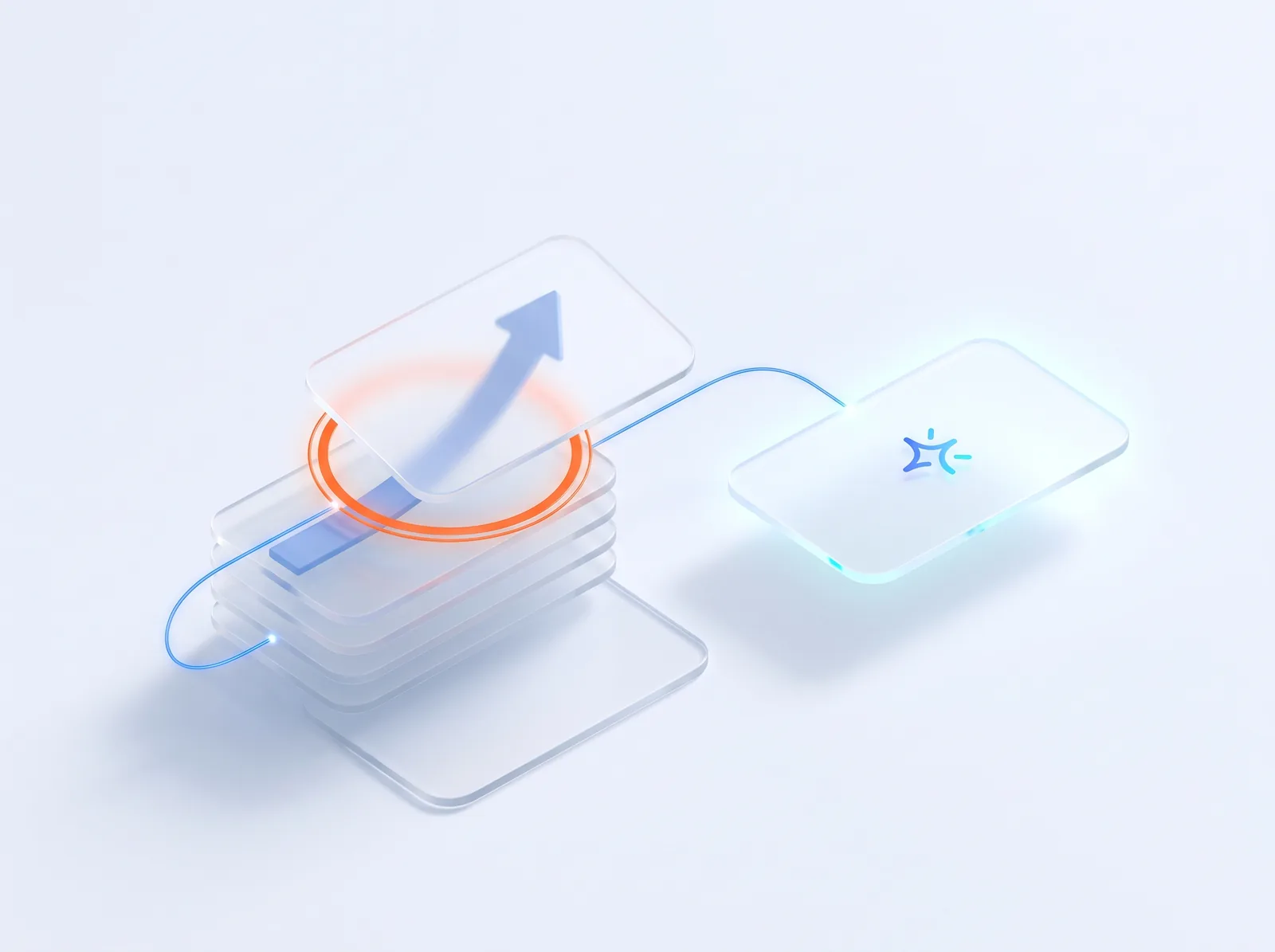 Search rankings rising and feeding into an AI answer, shown as connected translucent panels