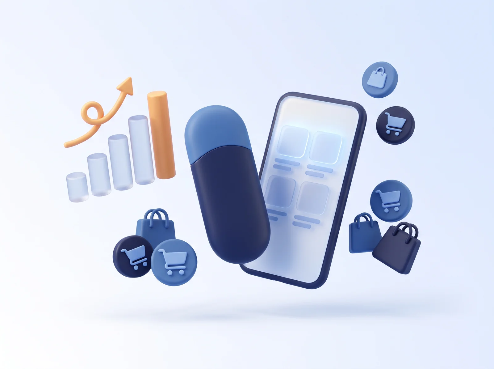 3D illustration of a mobile storefront with rising sales and shopping icons
