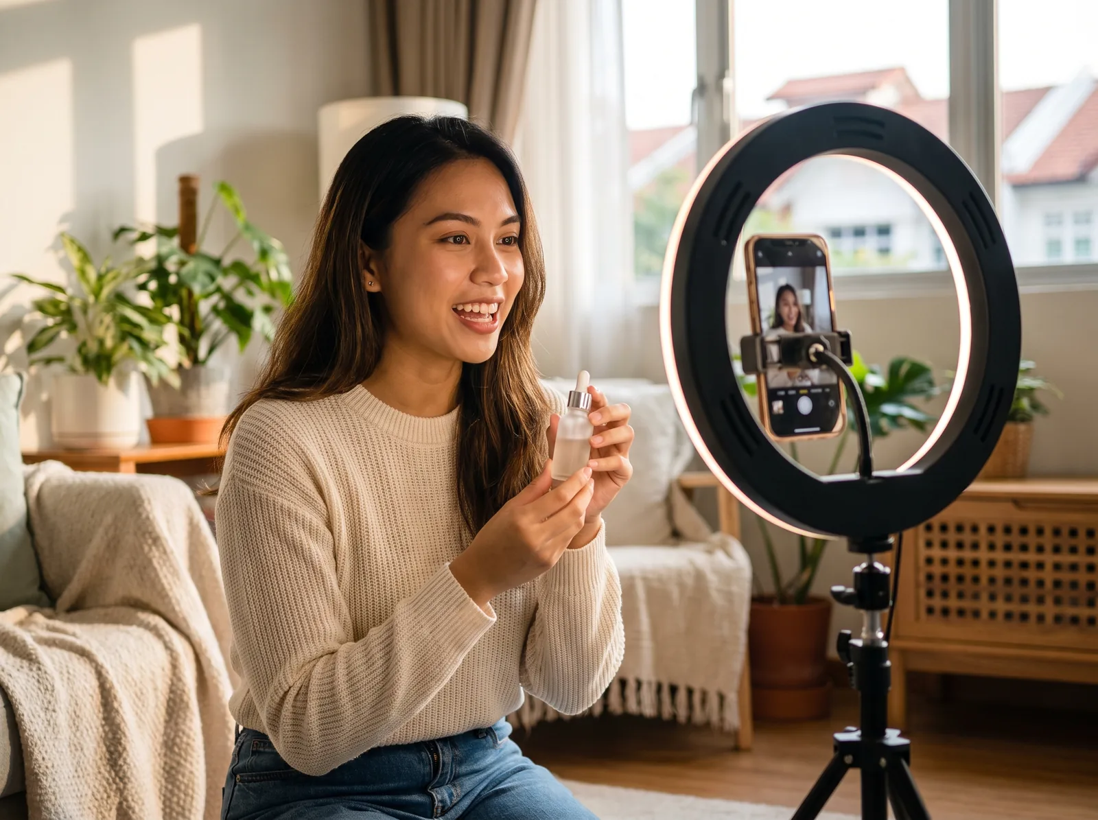 A Singapore creator filming a product recommendation with a ring light