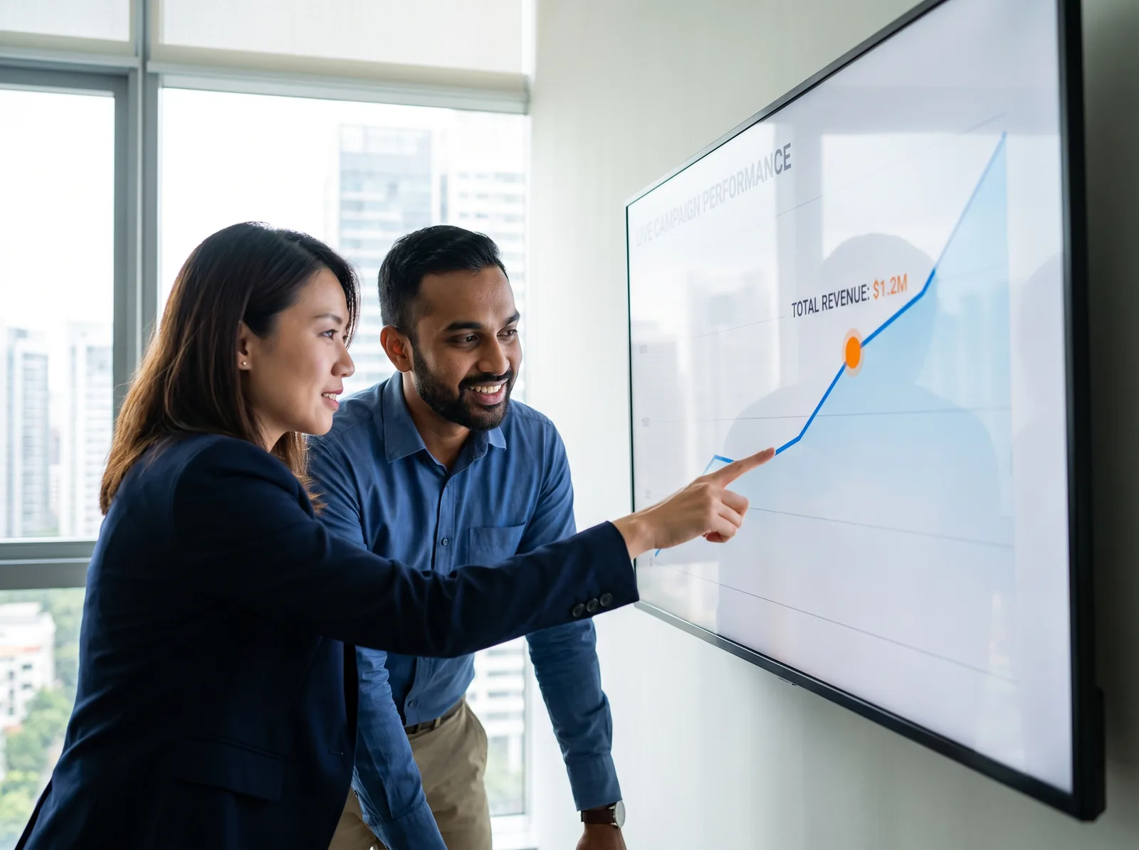A Drealm strategist and client reviewing live campaign performance on screen, a rising revenue trend line
