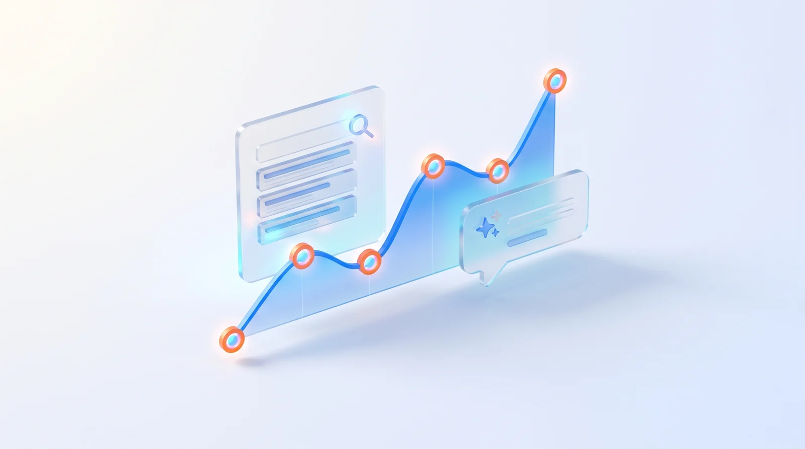 An upward visibility plot reading as both organic rankings and AI-answer citations over a soft light studio background