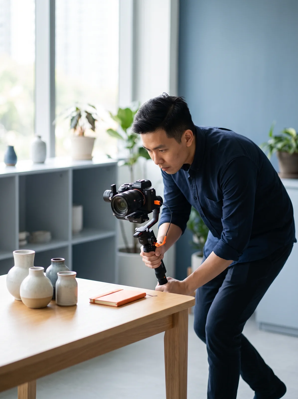 A Drealm videographer filming product content with a Sony mirrorless on a DJI Ronin gimbal