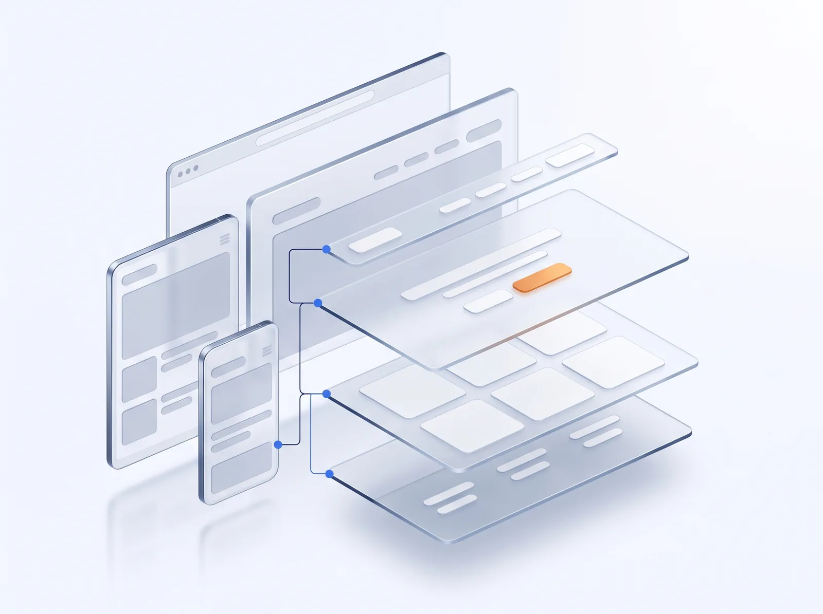 Layered translucent panels of a responsive website across desktop and mobile, with one clear call to action