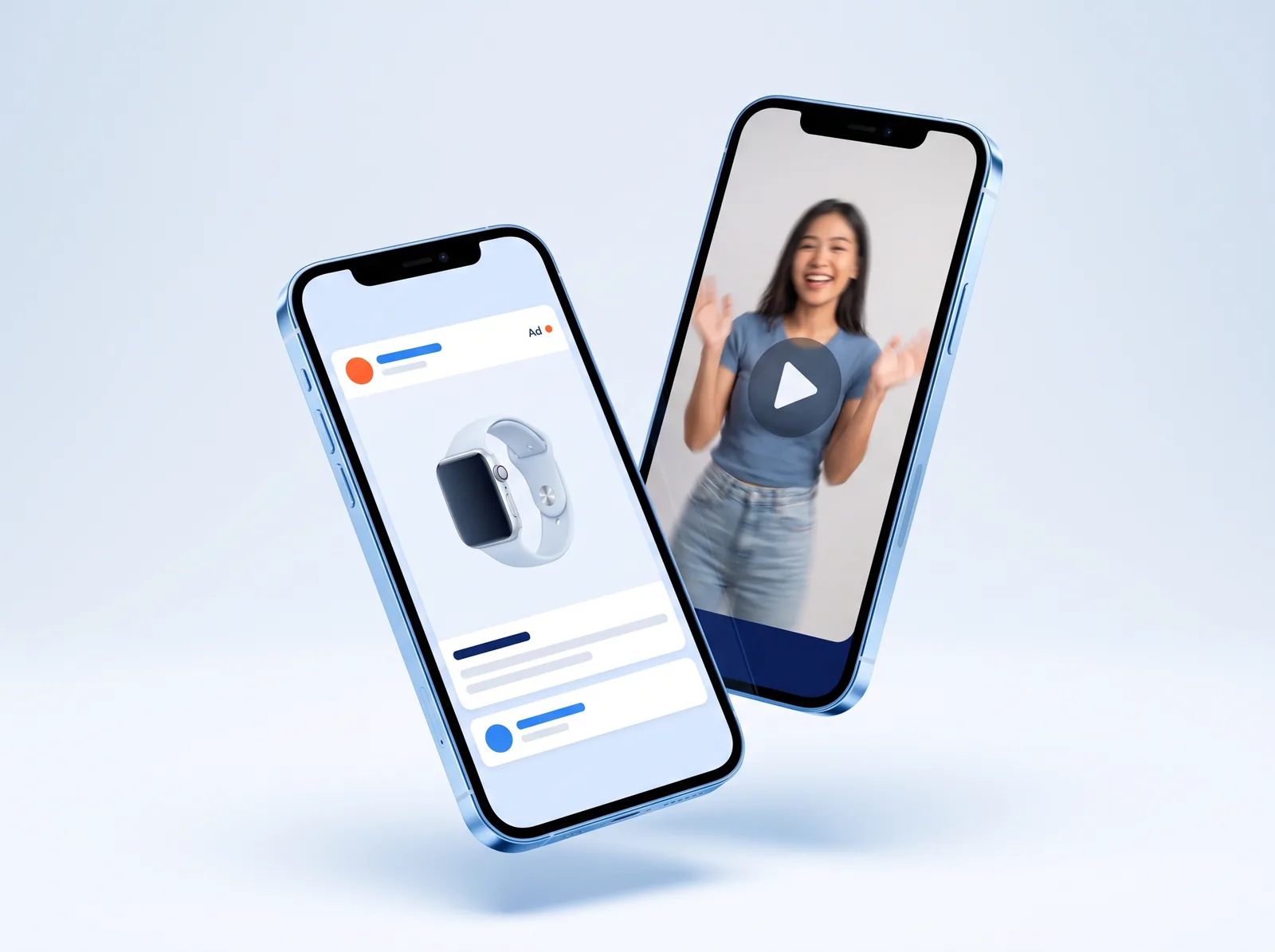 Facebook and Instagram ad creative shown on two phones against a soft light studio background