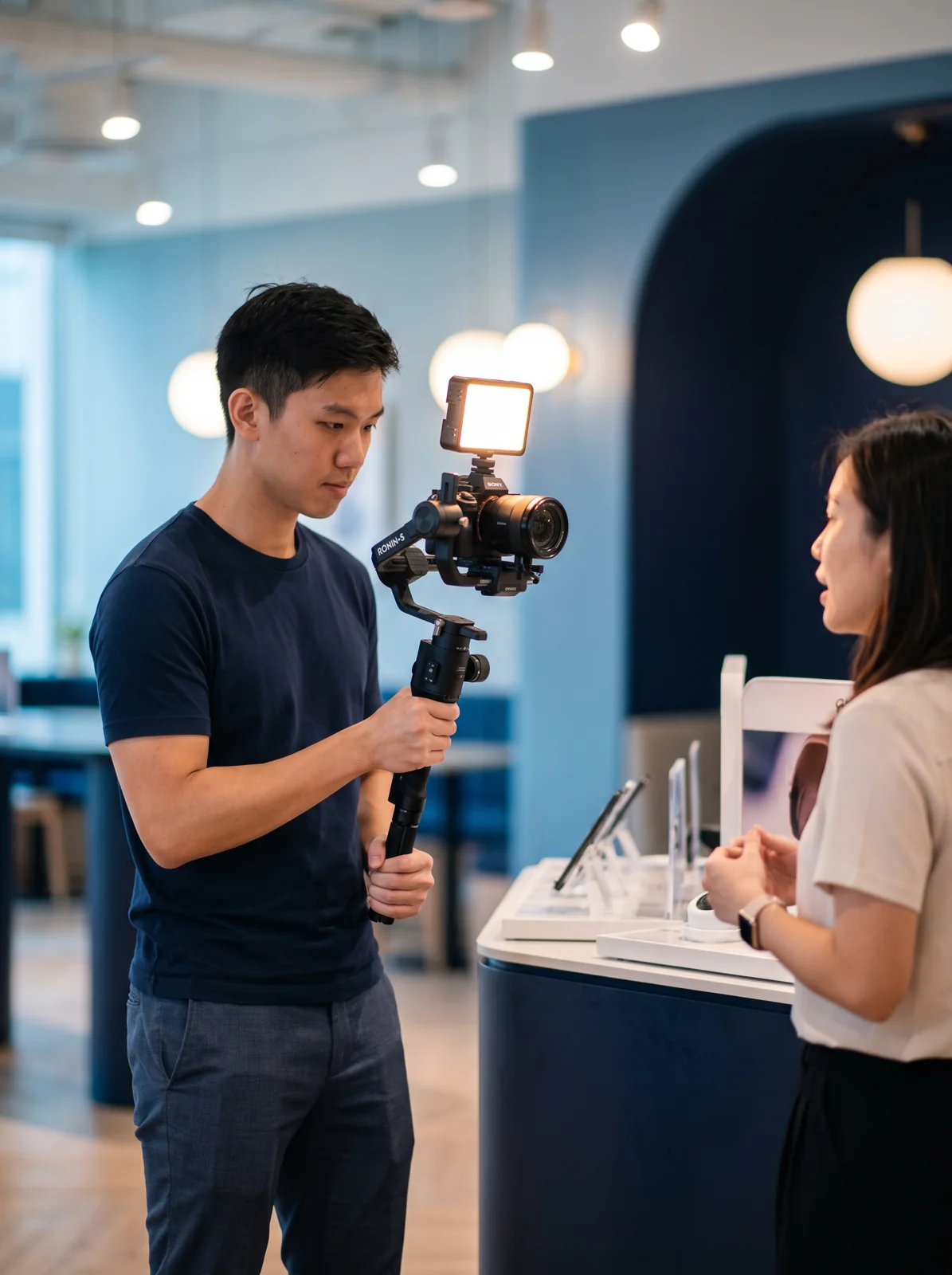 A Drealm videographer filming a presenter on location with a gimbal-mounted mirrorless