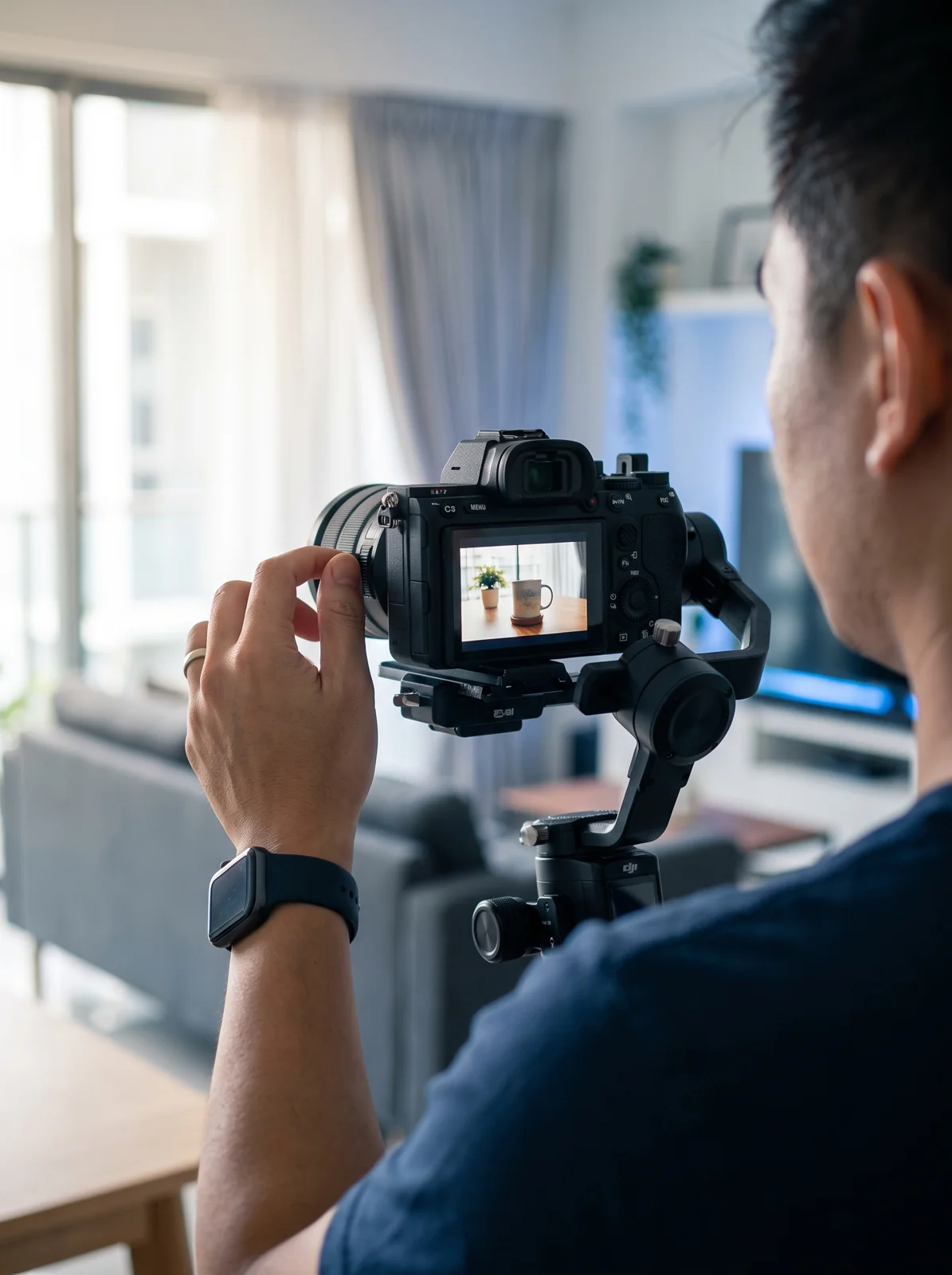 Close-up of a Drealm videographer filming with a gimbal-mounted mirrorless and on-camera LED