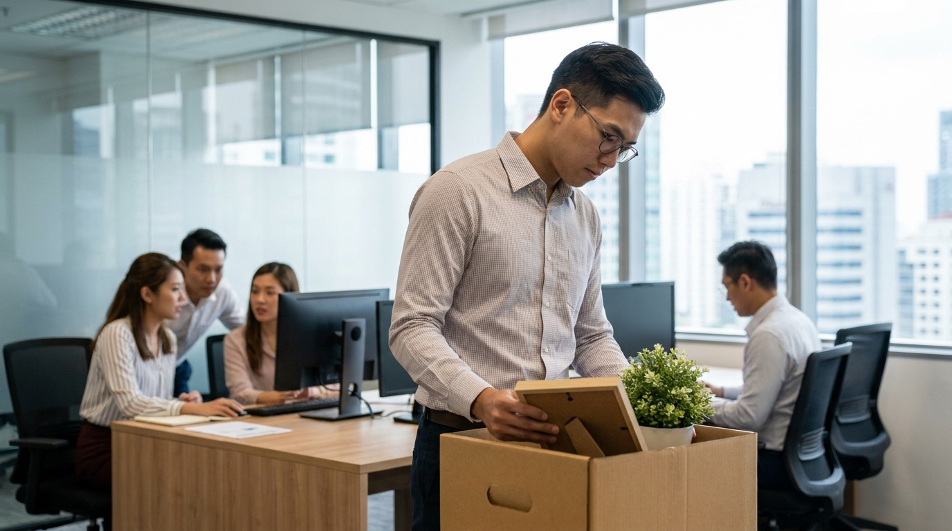 Employee leaving office with personal box, workplace turnover concept.