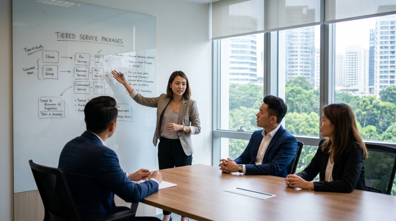 Agency strategist explaining pricing tiers to prospective client.