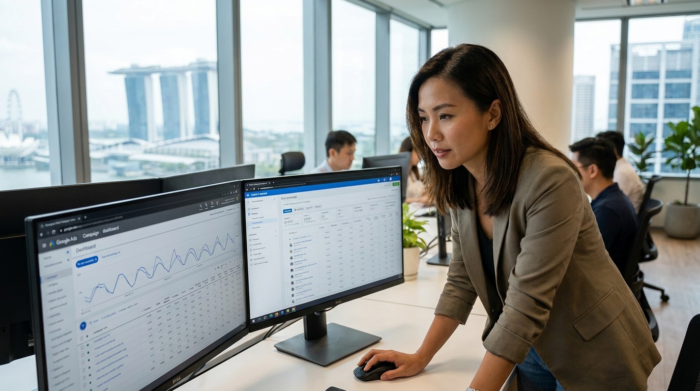 Marketer analyzing performance marketing channels on computer screens.