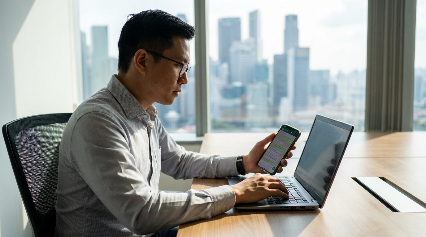 Business owner messaging customer on WhatsApp during work.