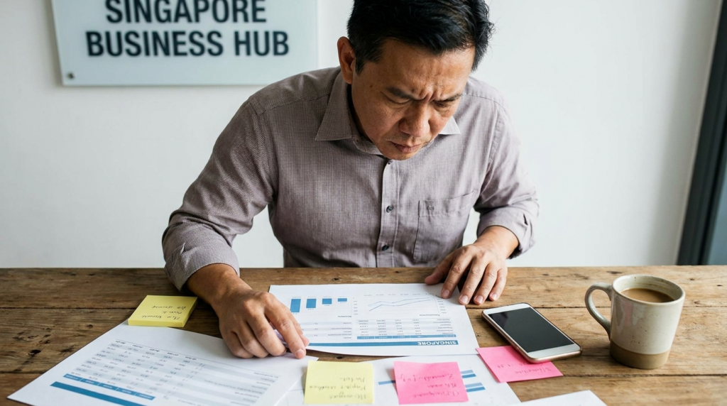 Entrepreneur reviewing tired ad creative on phone and printouts.