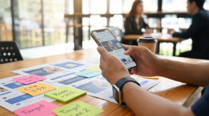 Entrepreneur reviewing tired ad creative on phone and printouts.