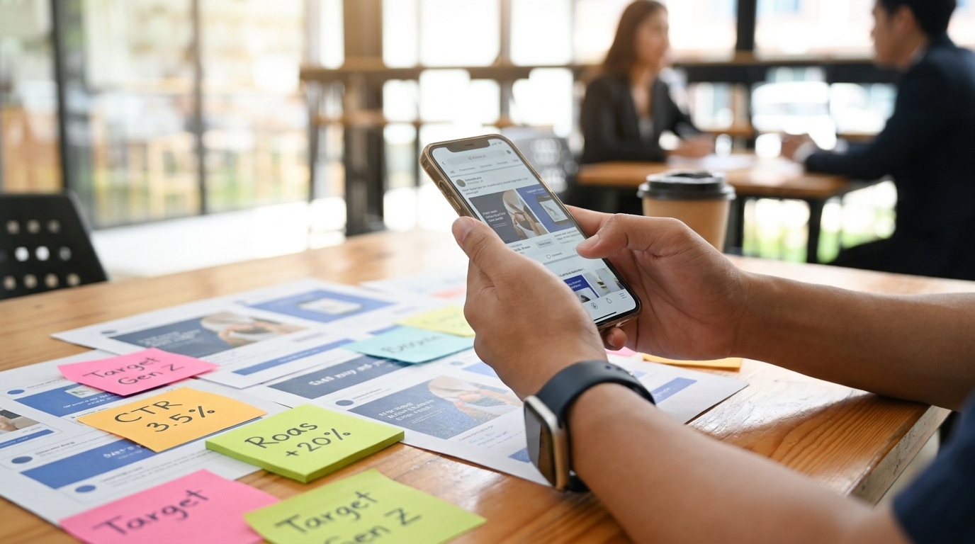 Entrepreneur reviewing tired ad creative on phone and printouts.