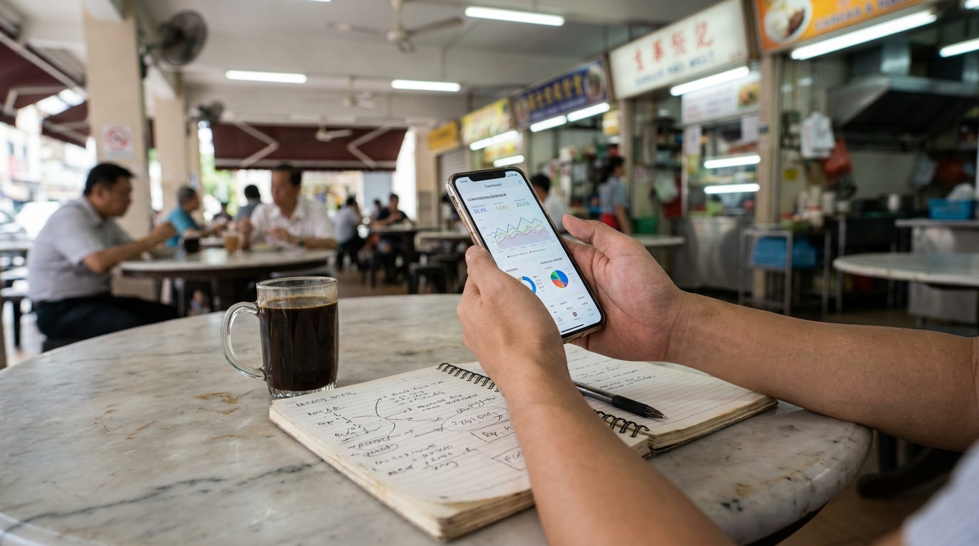 Marketer reviewing conversion data on mobile phone at kopitiam.