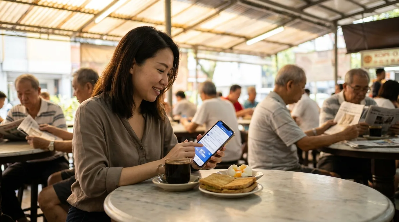 Singapore SME owner checking Meta ads at kopitiam.