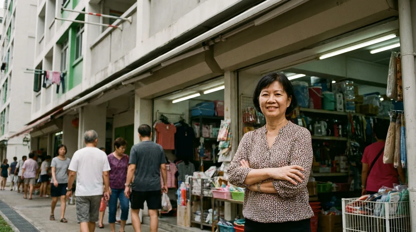 Singapore SME owner at her shopfront entrance.