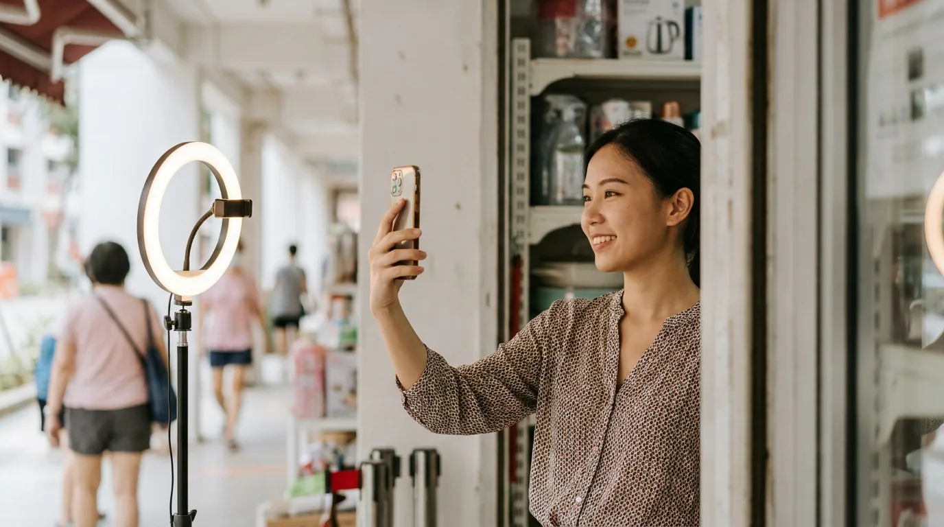 Singaporean woman filming a TikTok ad on smartphone.