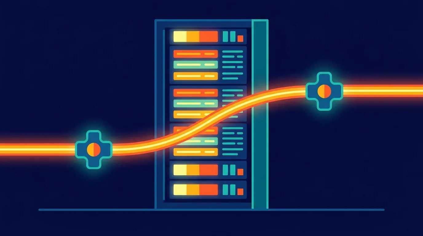 Server rack with glowing cable connection in dark room.
