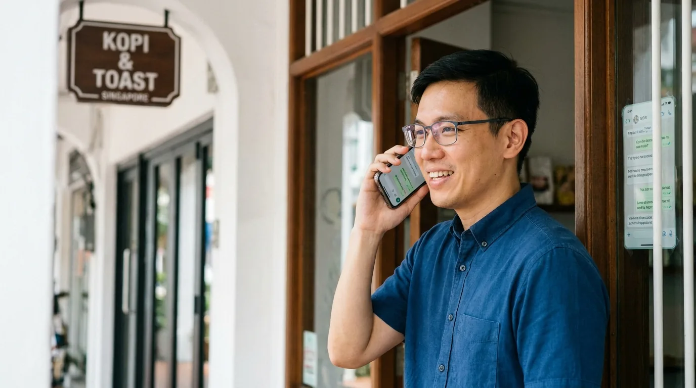 Singaporean business owner reviewing WhatsApp messages on phone.