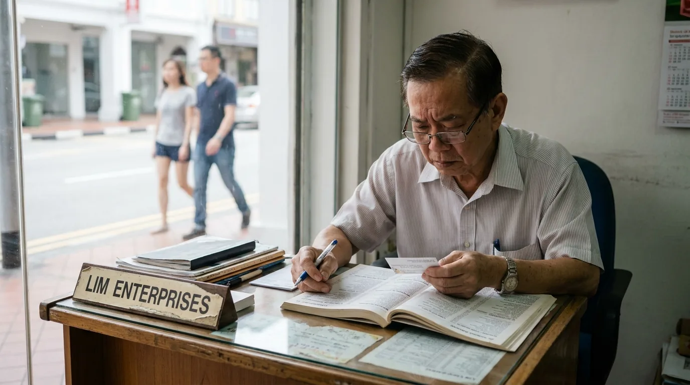 Singapore business owner verifying directory listing against business card.